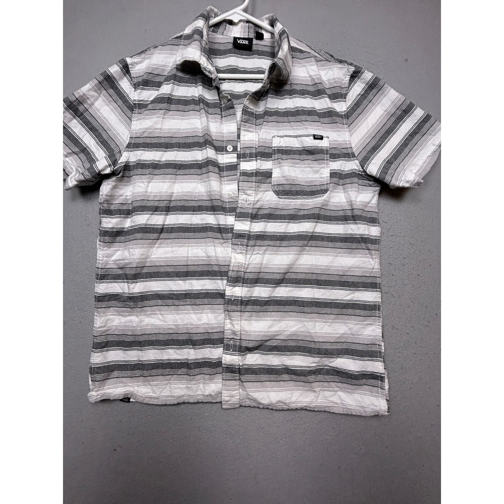 Vans Button Down Shirt 100% Cotton Striped Grey White Large Mens